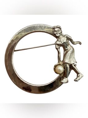 Vintage Bowling Granny! Silver-Tone Bowling with Pearl “Ball” Brooch Pin